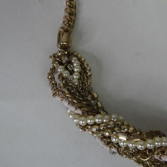 Mixed Material Braided Woven Bib Statement Necklace Fabric Pearl Rhinestones - Picture 3 of 10